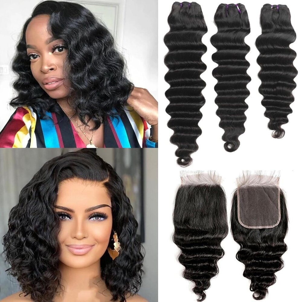 Brazilian Human Hair Bundles With Closure 10-14 Inches Wavy Virgin